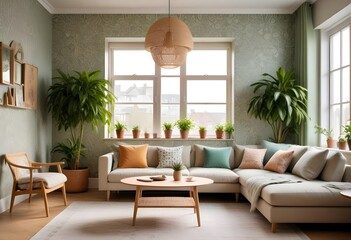 Scandinavian living room interior design zoom background,Doodle patterned wallpaper graphics