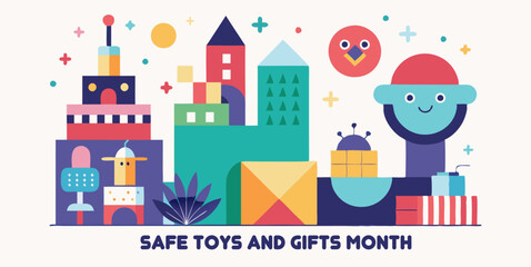 Safe toys and gifts month celebration with colorful geometric designs for educational posters