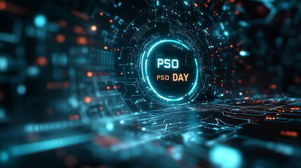 Fototapeta premium Exploring the futuristic digital landscape on PSO Day featuring vibrant blue circuitry and holographic designs.