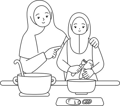 muslim women cooking together in kitchen clip art preview