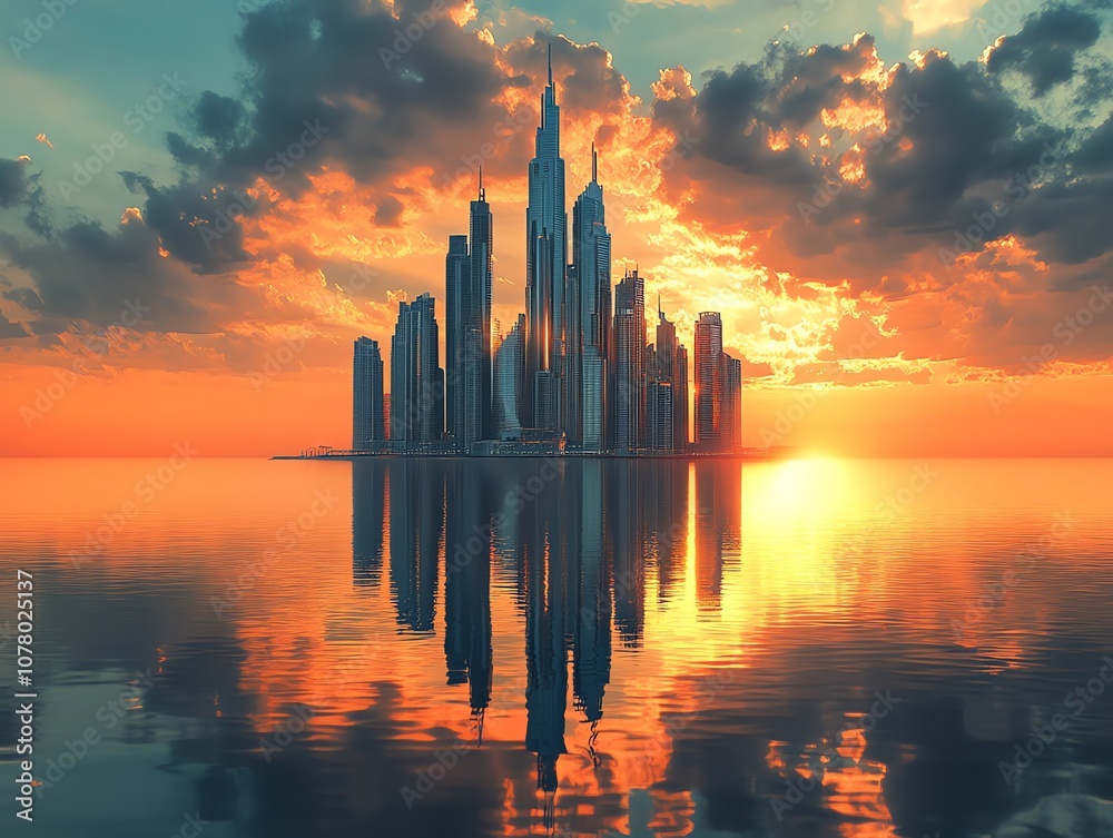 Poster a futuristic cityscape with tall skyscrapers on a small island in the middle of the ocean, reflectin