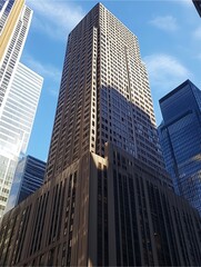 City skyline with tall skyscrapers reflecting in glass windows in an urban downtown setting