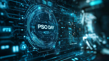 Fototapeta premium Exploring the futuristic digital landscape on PSO Day featuring vibrant blue circuitry and holographic designs.
