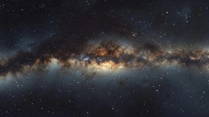 A panoramic view of the Milky Way galaxy, with a bright core and dark dust lanes, against a backdrop of countless stars.