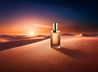 A glass bottle of perfume sits on a desert dune with a sunset in the background.
