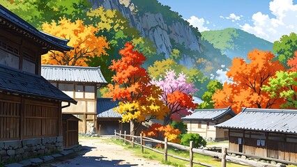 Quiet traditional japanese village with animated anime landscape panorama autumn scene 