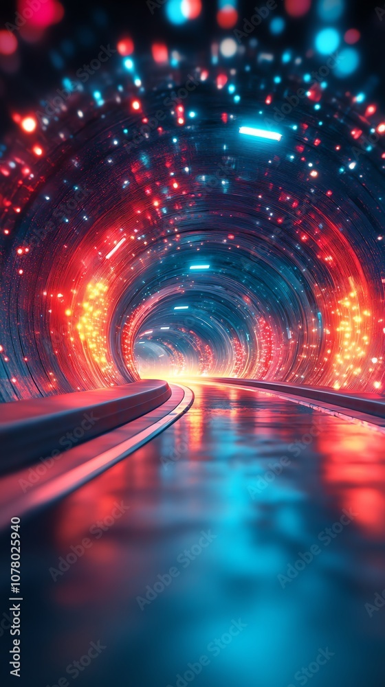 Poster a futuristic tunnel with glowing lights and a pathway leading into the unknown.