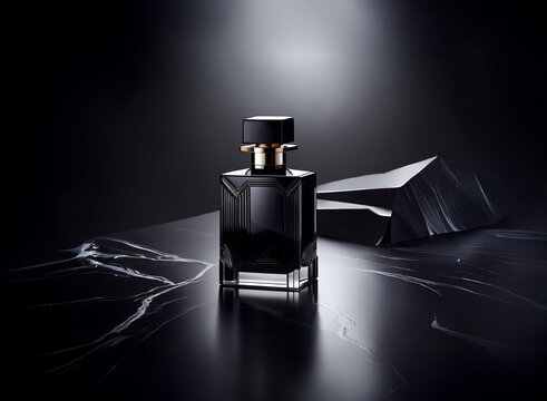 A black perfume bottle with a gold cap sits on a black marble surface. A triangular shaped black rock sits behind the bottle.