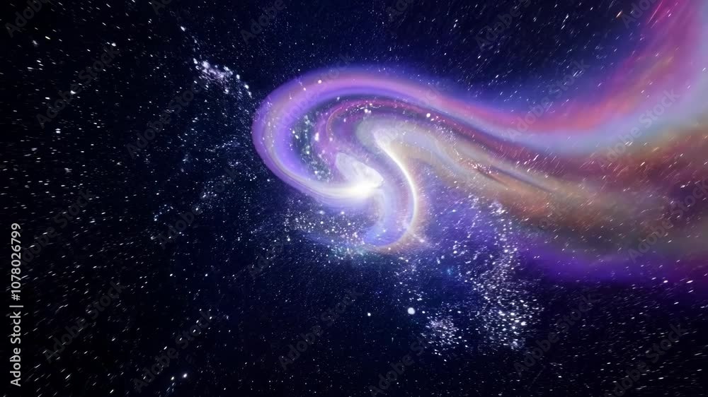 Poster flight through the galaxy with spreading nebula clouds, shiny stars and constellations