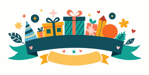 Naklejka premium Festive birthday celebration banner with colorful gift boxes and party elements