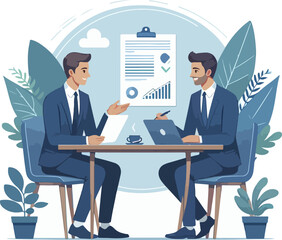 Partners meeting for business discussion with documents and laptop on desk. Couple at round table, speaking, discussing work, partnership. Flat vector on a white background