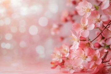 Delicate pink cherry blossoms on a blurred pink and white background.