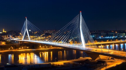 Obraz premium A modern cable-stayed bridge illuminated at night with traffic crossing and the city skyline in the background.