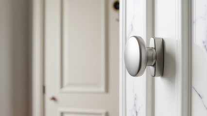Obraz premium Modern door knocker for contemporary properties. A sleek chrome door handle is installed on a white modern door, contrasting against an intricately carved door in the background.