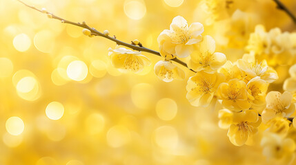 Branch with yellow apricot or cherry flowers on a yellow defocused background. Bokeh and lights. Tet, Lunar New Year or Chinese New Year card background, copyspace for your text. Spring flowers.