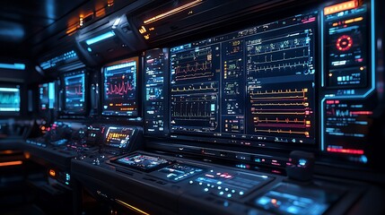 Fototapeta premium Futuristic control panel with glowing screens displaying data and graphs in a dark room.