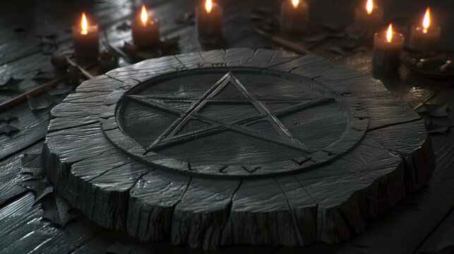 A pentacle intricately carved into wood is illuminated by candles, with various occult tools creating an enchanting atmosphere