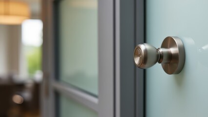 Obraz premium Modern door knocker for contemporary properties. Door close-up showing a metallic doorknob, soft lighting, and blurred background, creating a modern and inviting atmosphere.