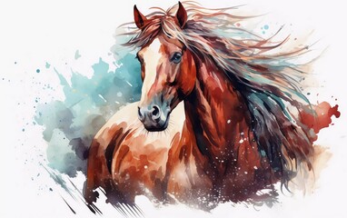 A vibrant watercolor painting of a horse with flowing mane, showcasing artistic expression.
