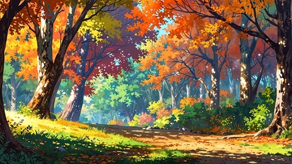 Forest with Animated anime landscape panorama autumn scene