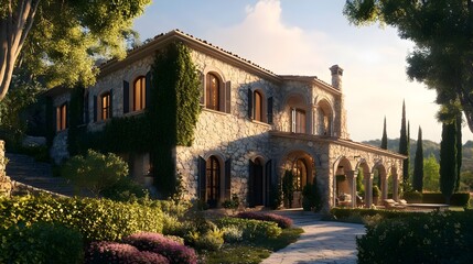 Naklejka premium Luxurious Stone Mediterranean Villa Surrounded by Nature