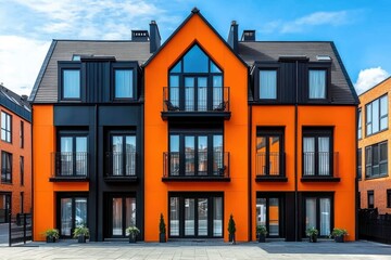 Fototapeta premium Modern orange and black apartment building with balconies and large windows.