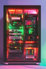 Server rack full of hardware illuminated by LEDs.