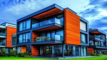 Obraz premium Modern architectural design featuring a sleek, wooden exterior with large glass windows.