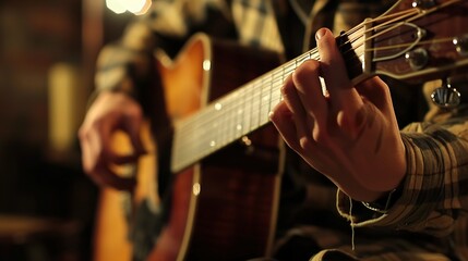 Fototapeta premium Close-up of Hands Playing Acoustic Guitar - Music and Passion