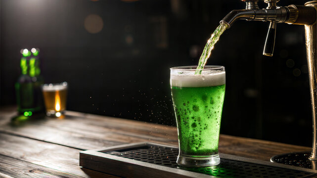 Pouring green beer into a glass from a tap with foam for St. Patrick's Day celebration