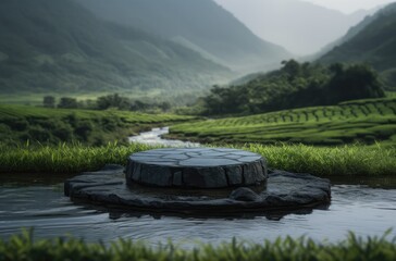 Fototapeta premium stone round podium stage with river stream and blurry green tea field in the background