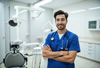 Portrait of a Confident Male Dentist in Modern Dental Office Smiling at Camera
