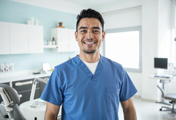 Fototapeta premium Portrait of a confident dentist smiling warmly in a modern dental office. The professional setting exudes a sense of trust and care, ideal for health and dental care concepts.
