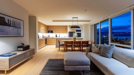 Fototapeta premium Scandinavian-Inspired Condo Interior at Blue Hour