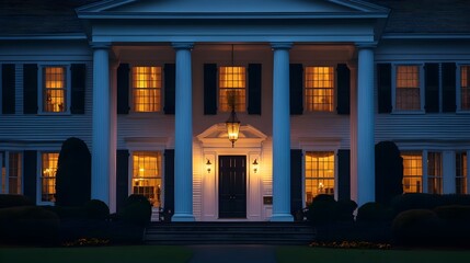 Colonial-Style Residential Building with Warm Evening Lights