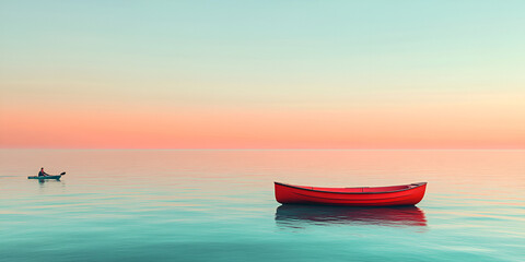 Naklejka premium Aerial View of Red Canoe on Blue Sea at Sunset