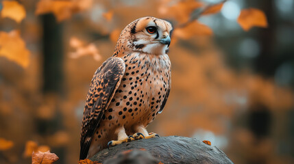 Obraz premium Majestic spotted owl perched on a rock amidst vibrant autumn foliage in a tranquil forest setting.