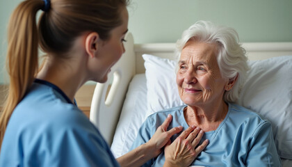 Fototapeta premium A caring nurse comforts an elderly patient in a serene hospital room at midday