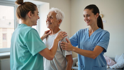 Obraz premium Compassionate caregivers interact joyfully with a senior man in a bright, welcoming room during a heartfelt moment