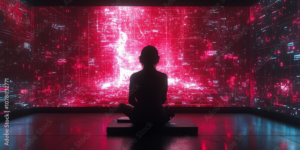 Poster A lone figure sits in front of a large screen displaying a digital world of glowing red data.
