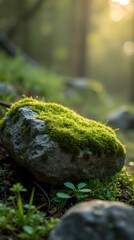 A stone covered with moss with a natural rough texture