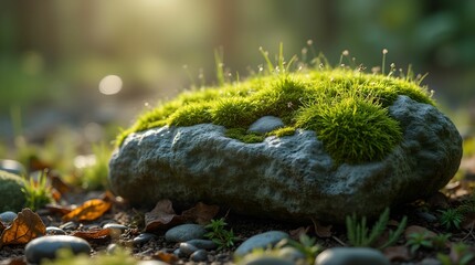 Fototapeta premium A stone covered with moss with a natural rough texture