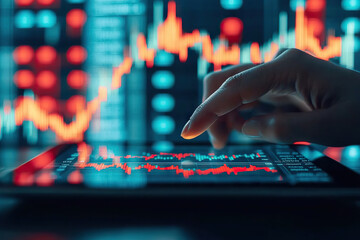 Hand interacting with tablet displaying stock market data and graphs, showcasing financial trends and analysis in digital environment