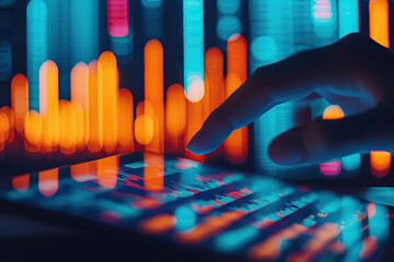 close up of hand interacting with digital screen displaying colorful data visualizations, showcasing technology and analytics. vibrant colors create dynamic atmosphere