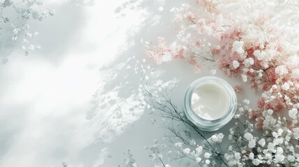 Close-up of an elegant night cream container with detailed floral watercolor designs on a clean white background. Generative AI, copy space, a minimalist background of the product photography. 