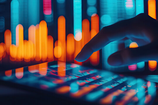 close up of hand interacting with digital screen displaying colorful data visualizations, showcasing technology and analytics. vibrant colors create dynamic atmosphere