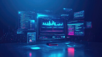 Obraz premium A futuristic digital display of data with glowing blue and pink lines and graphs.