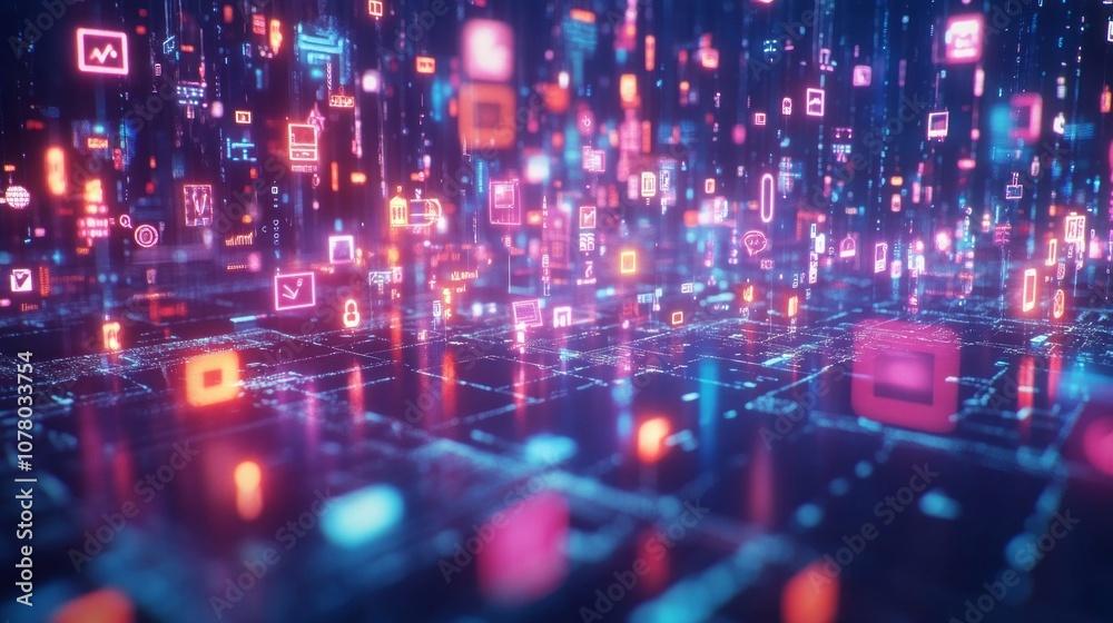 Aufkleber A colorful, pixelated image of a cityscape with many different icons and symbols
