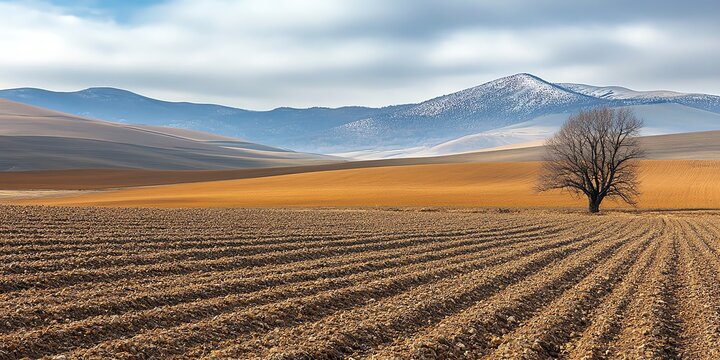 A lone tree stands in a plowed field with rolling hills and a snow-capped mountain in the distance.