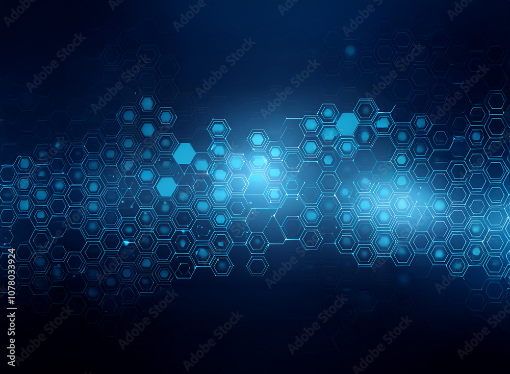 Poster abstract blue background with hexagonal pattern and glowing light.
